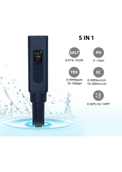 5'i 1 Arada Tuzluluk Dijital Test Cihazı, Şarj Edilebilir Çok Fonksiyonlu Yüksek Hassasiyetli Su Sıcaklığı °c/℉/ph/tuzluluk/tds/ec Metre (Yurt Dışından) fiyatları