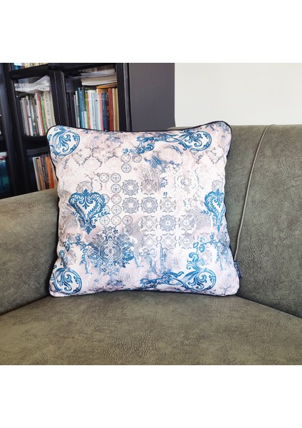Biyeli Yastık Kırlent Kılıfı Desenlı Mavi 45X45