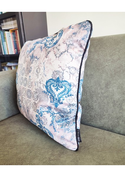 Biyeli Yastık Kırlent Kılıfı Desenlı Mavi 45X45