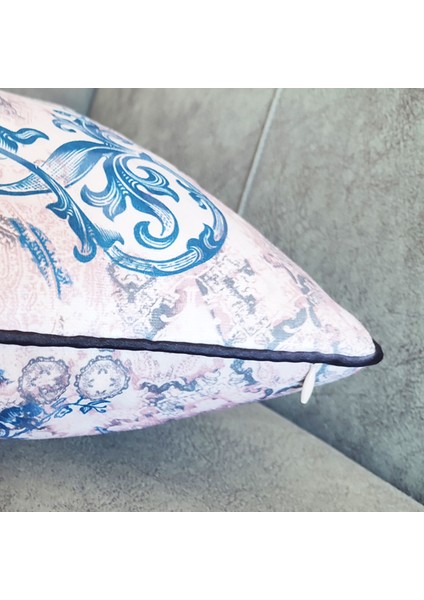 Biyeli Yastık Kırlent Kılıfı Desenlı Mavi 45X45