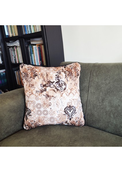 Biyeli Yastık Kırlent Kılıfı Desenlı Kahve 45X45