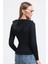 Kadın Siyah Kapüşonlu Fermuarlı Scuba Kumaş Sweatshirt 3