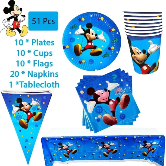 51 Adet Mickey Mouse Parti Malzemeleri Sofra Seti Kağıt Bardak Tabak Peçete Masa Örtüsü Balon Doğum Günü Dekorasyon Çocuklar Bebek Duş (Yurt Dışından)