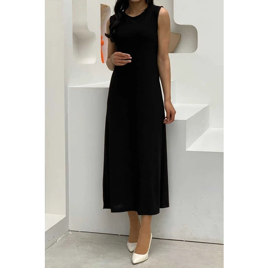 Bym Fashion Sıfır Kollu Uzun Sandy Içlik Elbise 3197 Siyah
