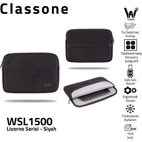 Classone Livorno Serisi WSL1500 15.6'' su Geçirmez Kumaş ve Su Geçirmez Fermuar Notebook, Laptop, Macbook taşıma Kılıfı -Siyah
