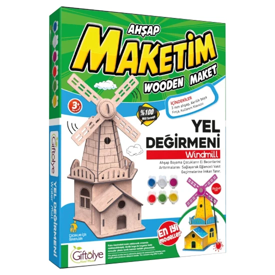 Giftölye Ahşap Yel Değirmeni Boyama Maketi Seti (Maket+Boya+Fırça)