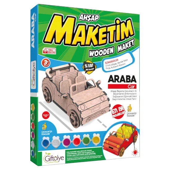 Giftölye Ahşap Araba Boyama Maketi Seti (Maket+Boya+Fırça)