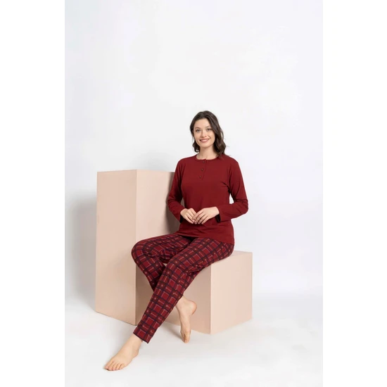 Bie's Kadın Bordo Ekose Modal Uzun Kol Cepli Eş Sevgili Çift Pijama Takımı-tek Ürün Fiyatı-sevgililer Günü