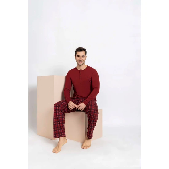 Bie's Erkek Bordo Ekose Modal Uzun Kol Cepli Eş Sevgili Çift Pijama Takımı-tek Ürün Fiyatı-sevgililer Günü