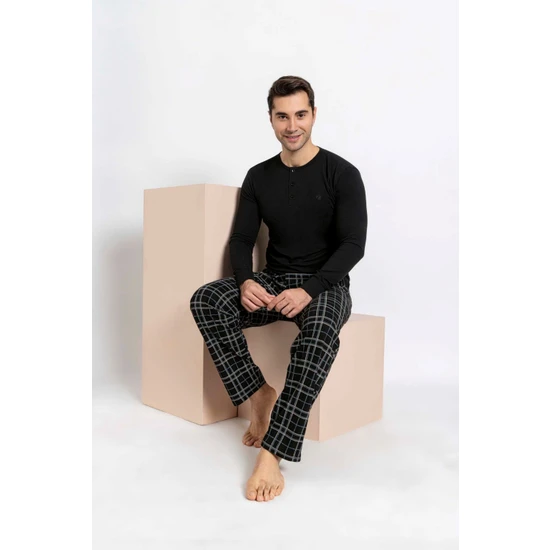 Bie's Erkek Siyah Ekose Modal Uzun Kol Cepli Eş Sevgili Çift Pijama Takımı-tek Ürün Fiyatı-sevgililer Günü