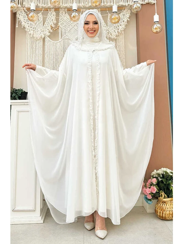 Bym Fashion Kapişonlu Belirli Kısımları Fırfır Detaylı Abayalı Elbise Abiye Takım 3778 Ekru