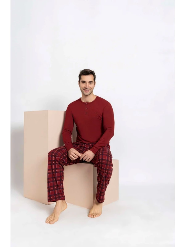Bie's Erkek Bordo Ekose Modal Uzun Kol Cepli Eş Sevgili Çift Pijama Takımı-tek Ürün Fiyatı-sevgililer Günü