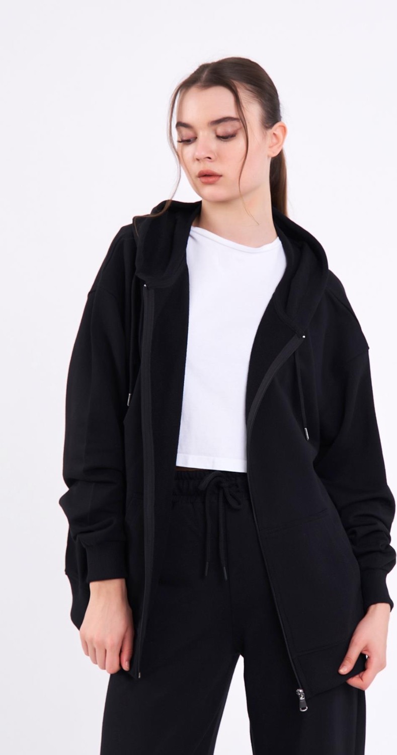 Mmetalic Siyah Kanguru Cepli Kapüşonlu Fermuarlı Oversize Kadın Sweatshirt görsel 3