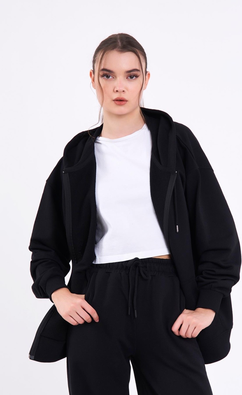 Mmetalic Siyah Kanguru Cepli Kapüşonlu Fermuarlı Oversize Kadın Sweatshirt görsel 2