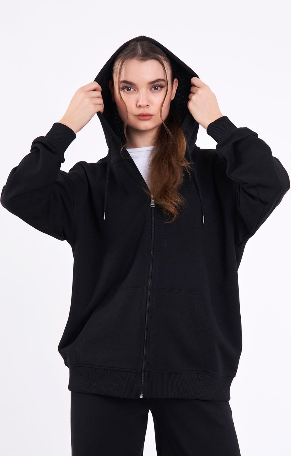 Mmetalic Siyah Kanguru Cepli Kapüşonlu Fermuarlı Oversize Kadın Sweatshirt