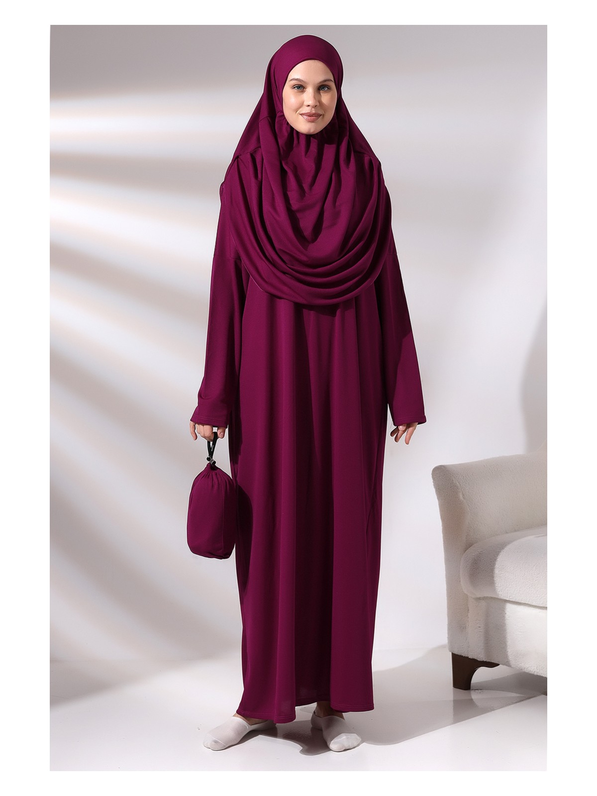 İhvan Fuşya Kadın Çantalı Pratik Başörtülü Tek Parça Namaz Elbisesi