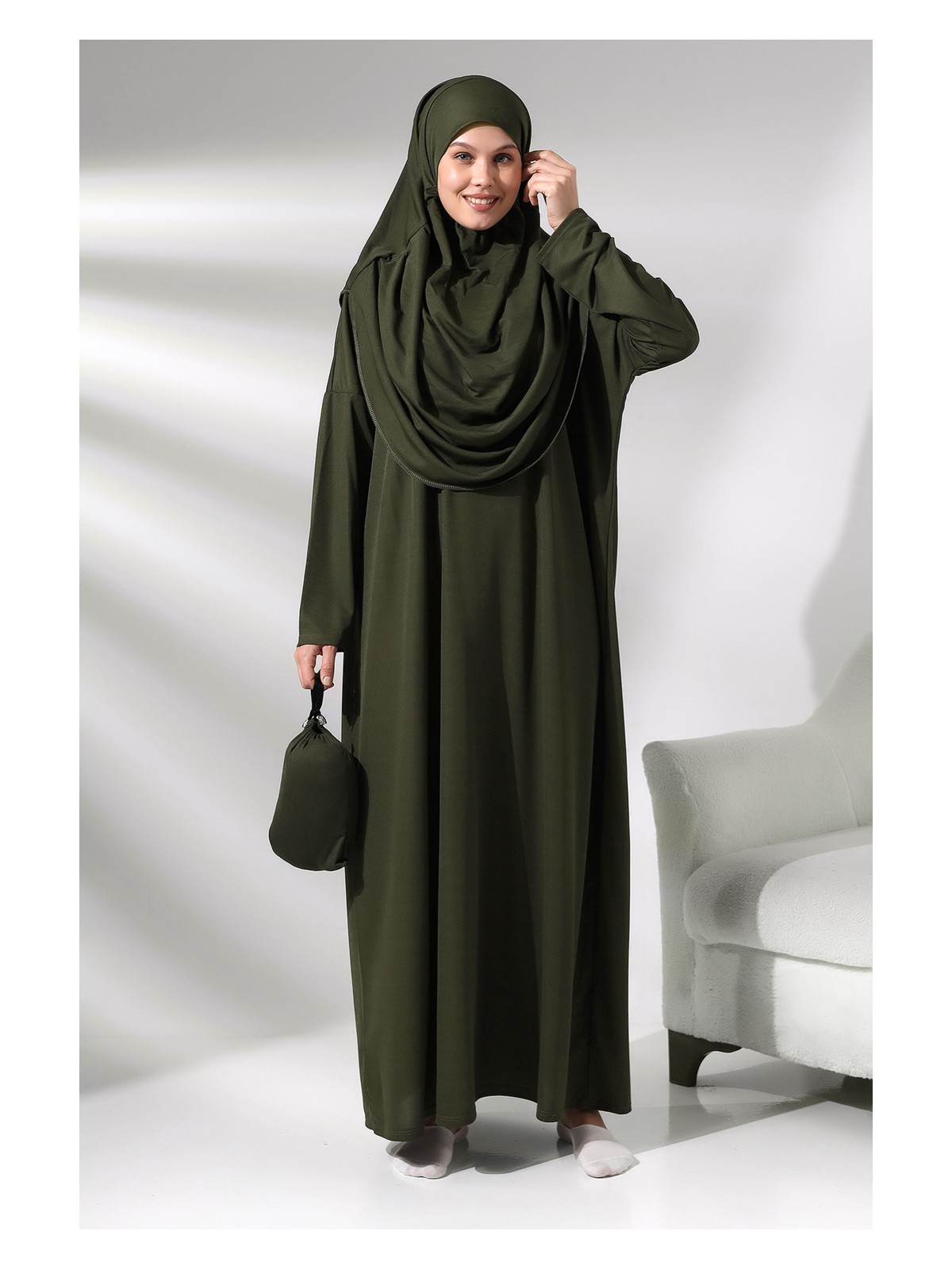 İhvan Lacivert Kadın Çantalı Pratik Başörtülü Tek Parça Namaz Elbisesi - Görsel 5