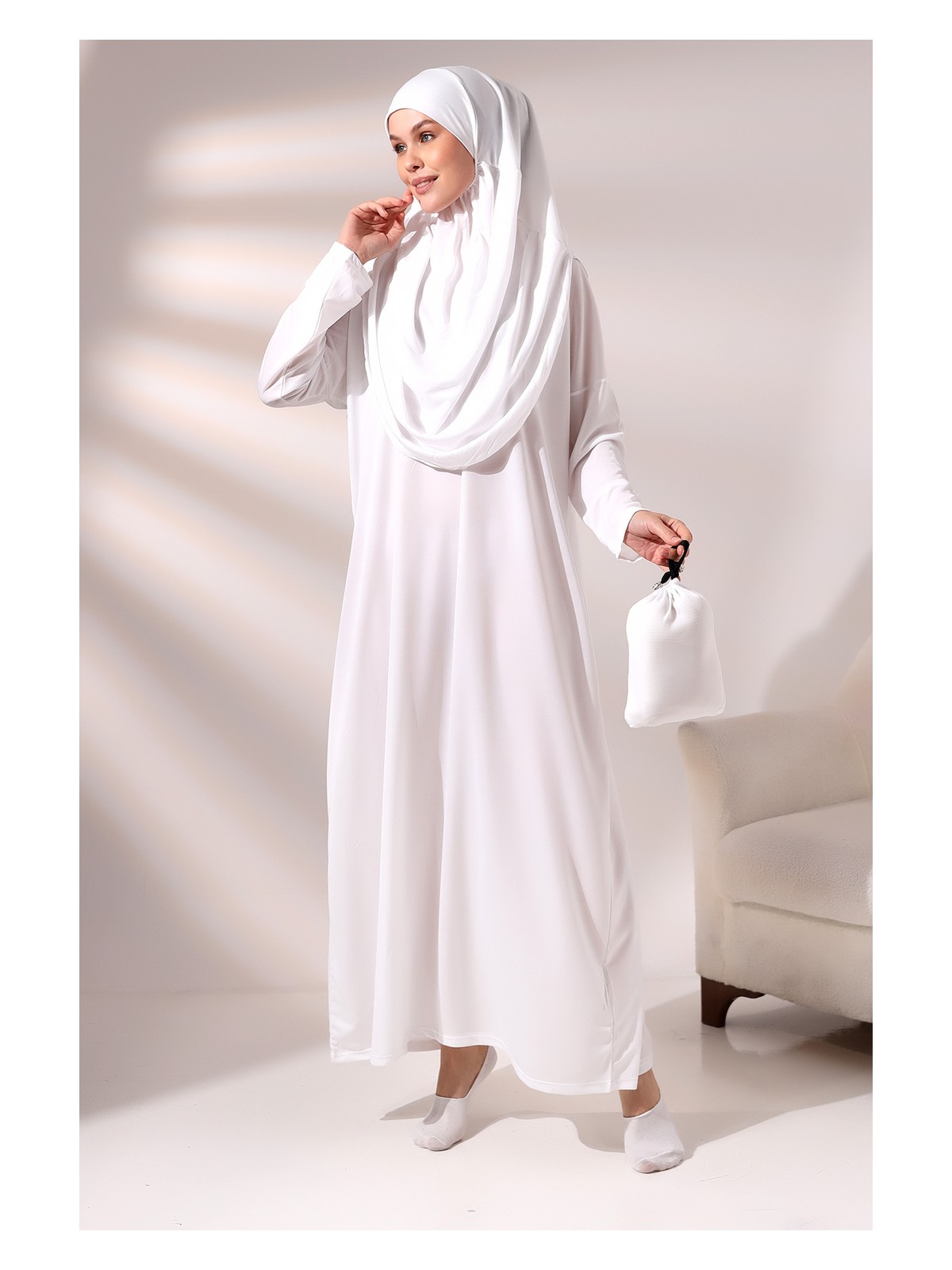 İhvan Lacivert Kadın Çantalı Pratik Başörtülü Tek Parça Namaz Elbisesi - Görsel 9