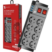 Fulltech Termal Akım Korumalı 3x USB 16A 4000W Isıya Karşı Dayanıklı 8'li Priz 2 Metre Uzatma Kablosu