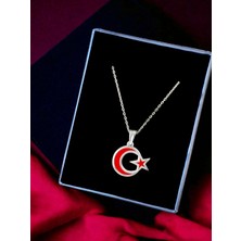 Alâ Silver Jewellery Ay Yıldız Kırmızı Mineli Unisex Tasarım 925 Ayar Gümüş Kolye