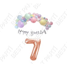 Star Party Happy Bırthday Gümüş Yazılı Kaligrafi Banner Makaron Balon Seti 7 Yaş Rose Gold Set Doğum Günü