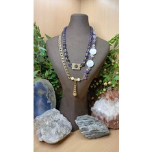 Aurora Handmade Design Sedef ve Ametist Doğal Taş ,altın Renkli Zincirli Çift Kat Özel Tasarım Kolye