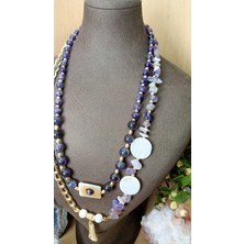 Aurora Handmade Design Sedef ve Ametist Doğal Taş ,altın Renkli Zincirli Çift Kat Özel Tasarım Kolye