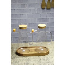 İliva 2'li Standlı  Bambu Kapaklı Borosilikat Cam Yağlık ve Sirkelik 900 ml