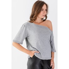 Ajour Kayık Yaka Crop Gri Melanj Triko T-Shirt