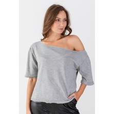 Ajour Kayık Yaka Crop Gri Melanj Triko T-Shirt