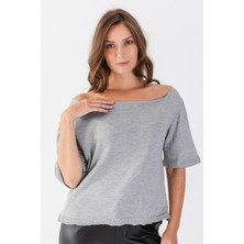 Ajour Kayık Yaka Crop Gri Melanj Triko T-Shirt