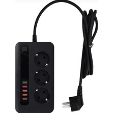 CoverZone Üçlü Priz 5 USB Portlu 2500W On/off Düğmeli 2 Metre Uzatma Kablolu 3'lü Priz Siyah Renk