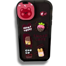 Eaksesuarnet Apple iPhone 11 Choco Late Aynalı Standlı Çilek Çikolata Figürlü Siyah Telefon Kılıfı