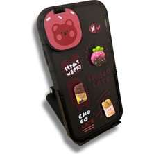 Eaksesuarnet Apple iPhone 11 Choco Late Aynalı Standlı Çilek Çikolata Figürlü Siyah Telefon Kılıfı