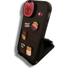 Eaksesuarnet Apple iPhone 11 Choco Late Aynalı Standlı Çilek Çikolata Figürlü Siyah Telefon Kılıfı
