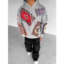 Abluka Online Oversize Kilim Yamalı Hoodie Gri