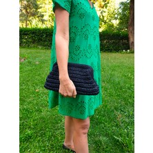 Craftatelier El Yapımı Siyah Renk Hasır Görünümlü Kağıt Ip Clutch Çanta