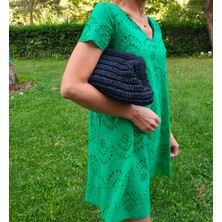 Craftatelier El Yapımı Siyah Renk Hasır Görünümlü Kağıt Ip Clutch Çanta