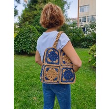 Craftatelier Mavi Bej Renk Etnik Desenli Ahşap Boncuk Askılı El Örgüsü Kağıt Ip Çanta