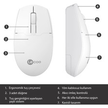 Lecoo WS204 Kablosuz 1200DPI 3 Tuşlu Optik Mouse Beyaz