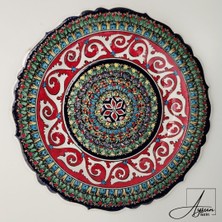 Aysun Hand Art Aysunhandart Kırmızı Fonlu Rumi Desen ve Ipek Desen Iç Içe Modellenmiş El Yapımı Seramik Tabak