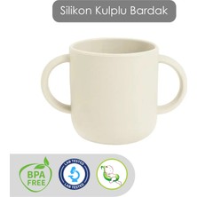 Kulplu Silikon Bardak - Çift Kulplu Sililkon Bebek Bardağı Krem