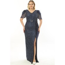 Ladies First Büyük Beden 3853 Lacivert Uzun Abiye Elbise