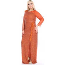 Ladies First Büyük Beden 3854 Kiremit Uzun Abiye Elbise