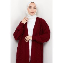 Hafsa Mina Kiraz Desenli Uzun Triko Hırka Bordo HM2334