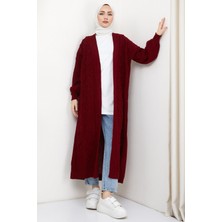 Hafsa Mina Kiraz Desenli Uzun Triko Hırka Bordo HM2334