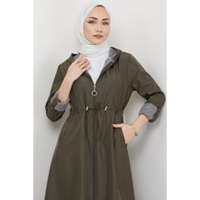Hafsa Mina Kapüşonlu Çizgili Uzun Trençkot Haki HM2332