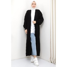Hafsa Mina Kiraz Desenli Uzun Triko Hırka Siyah HM2334