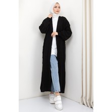 Hafsa Mina Kiraz Desenli Uzun Triko Hırka Siyah HM2334