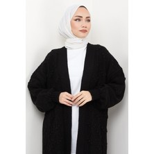 Hafsa Mina Kiraz Desenli Uzun Triko Hırka Siyah HM2334